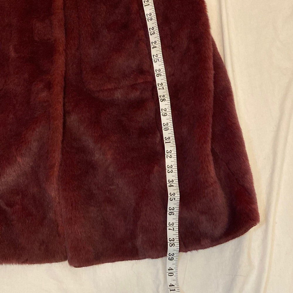 Long Reversible Teddy Coat in Burgundy with Faux Fur Trim - Picture 13 of 14